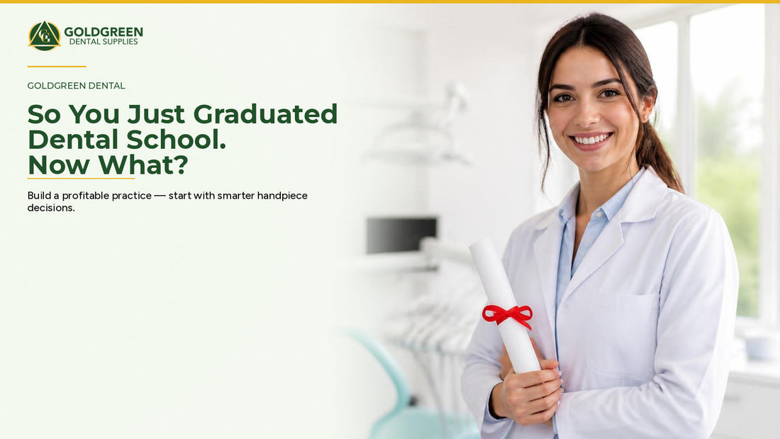 Newly graduated dentist with diploma in a modern dental office, GoldGreen Dental