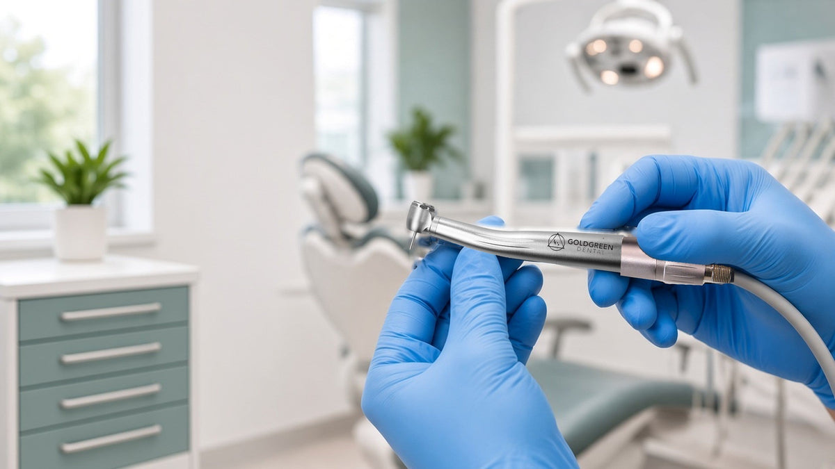 Gloved hands holding a GoldGreen Dental NSK-compatible LED high-speed handpiece connected to an NSK-compatible LED quick-connect coupler